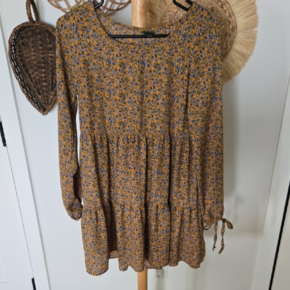 Wild Fable‎ Women's XS Floral Tiered Mini Dress Tie Long Sleeve Prairie